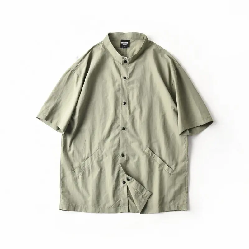 

Men's Trendy Brand Quick-Dry Loose Fit Drop Shoulder Casual Stand Collar Short Sleeve Summer Lightweight Shirt