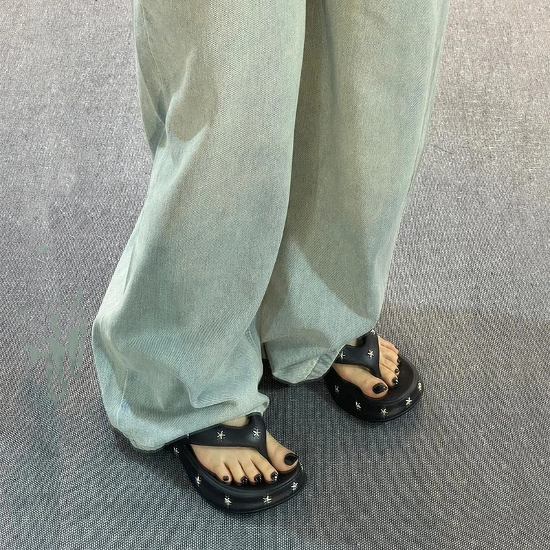 Star Thick Heel Sandals Women's Outdoor Summer Heightening Shoes EVA Slip-On Clog Flop Slippers Comfortable Platform Sandals