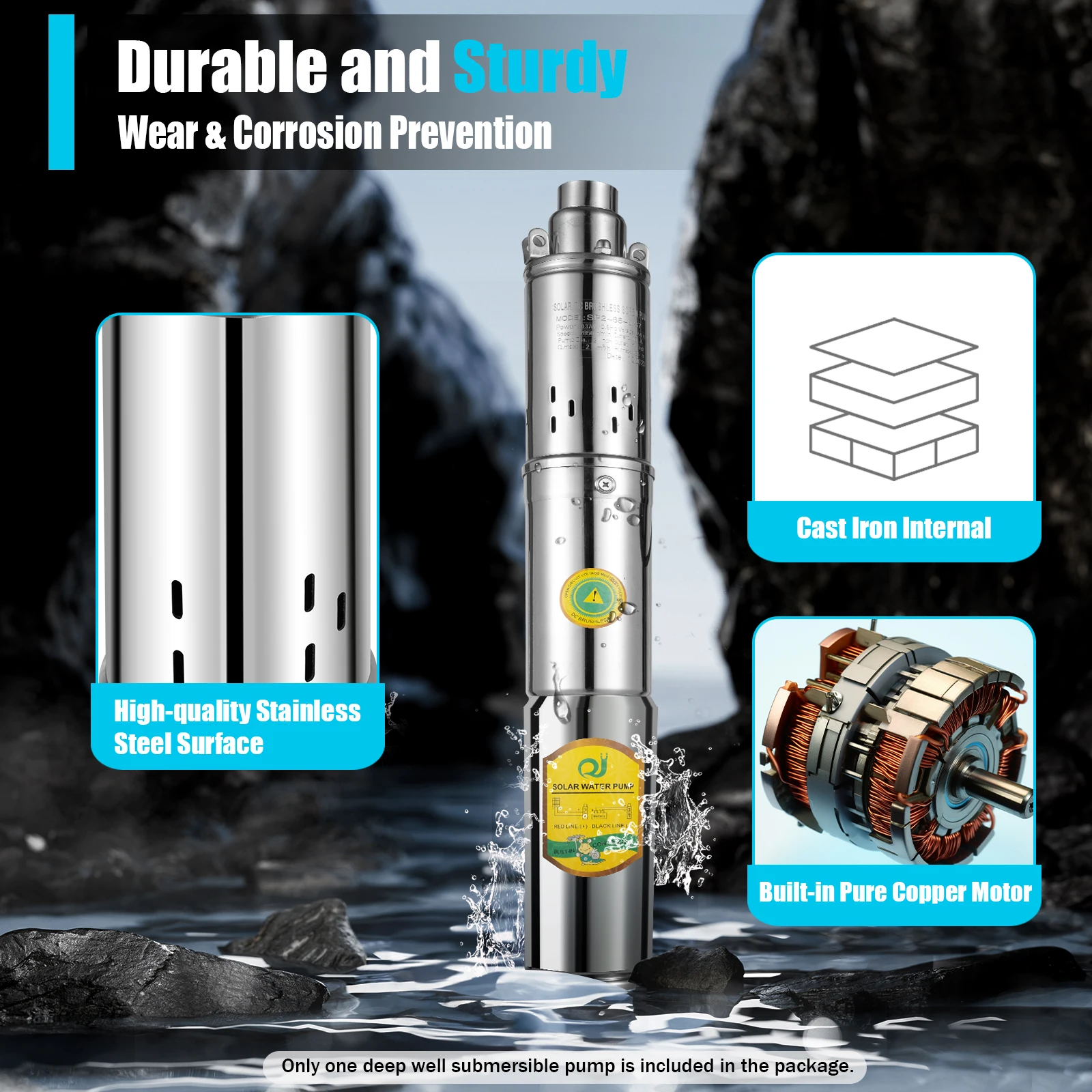 

DC 24V 370W Deep Well Submersible Pump Solar Water Pump Stainless Steel 213ft High Lift 8.8GPM High Flow