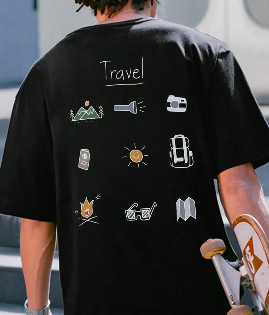 Men's Loose T-shirt with Letter Print Off Shoulder Short Sleeved Casual T-shirt, Summer T-shirt
