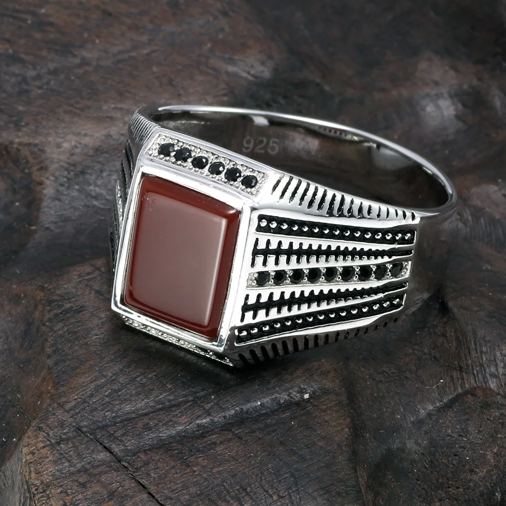 925 Sterling Silver Rings For Men Black Green Red Natural Onyx Stone Square Shape Zirconia Inlaid Turkish Jewelry