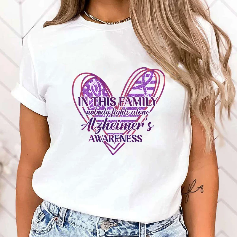 (High Quality T Shirt)New In This Family Nobody Fights Alone Alzheimer'S Awareness Print T Shirt Women Short Sleeve Tops Tees