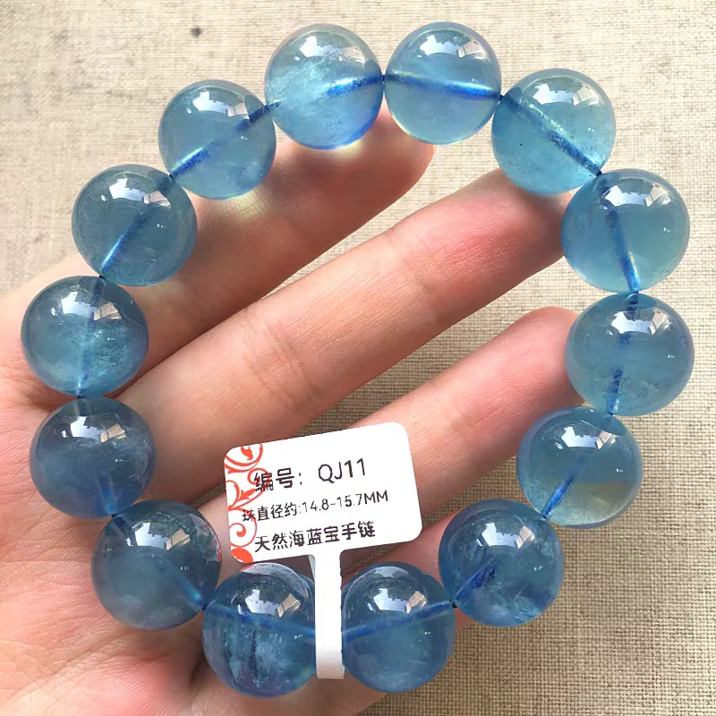 

Натуральный натуральный синий аквамарин, прозрачные круглые бусины, браслет большого размера для женщин и мужчин, бразильские эластичные синие аквамариновые украшения AAAAA