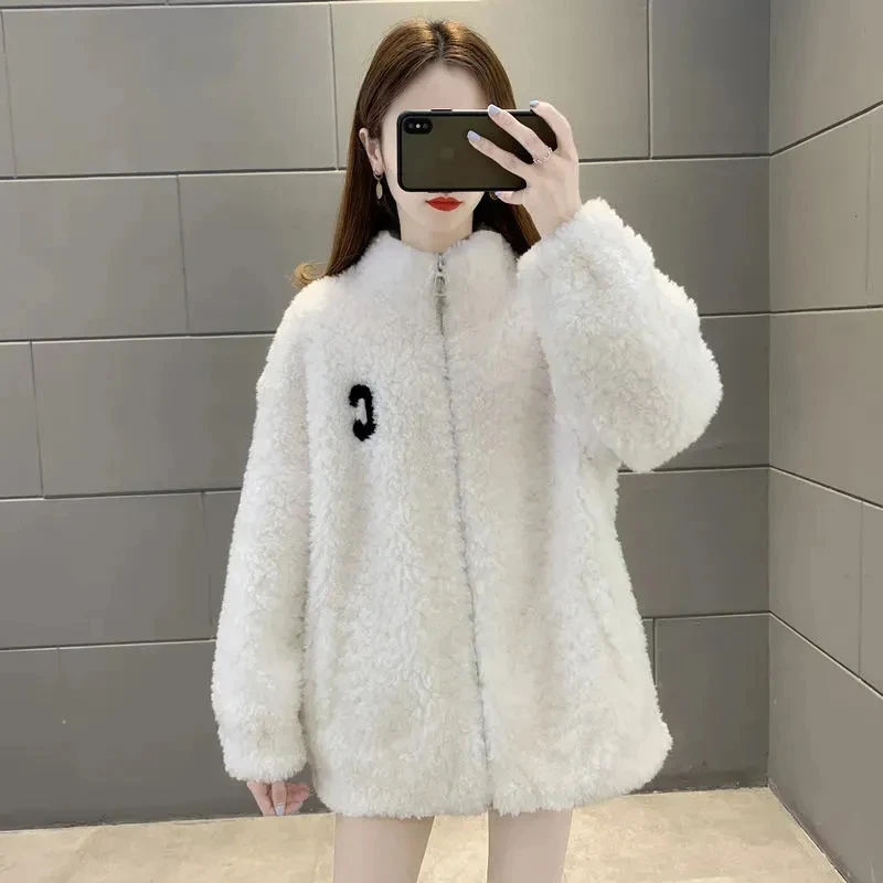 2023 cappotto per donna in inverno peluche e collo in piedi spesso per il calore giacca in pile con cerniera da donna giacca in lana di agnello