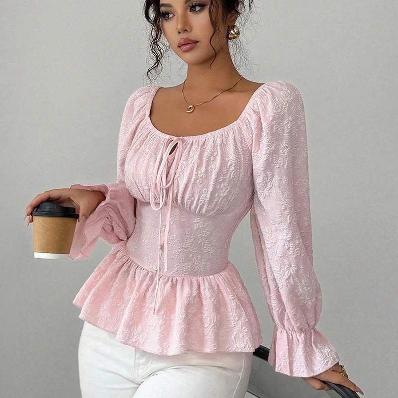 

Элегантная розовая блузка из жаккарда для женщин, с длинным рукавом, на шнуровке, с рюшами, U-образным вырезом, утягивающая талию, укороченный топ для офиса