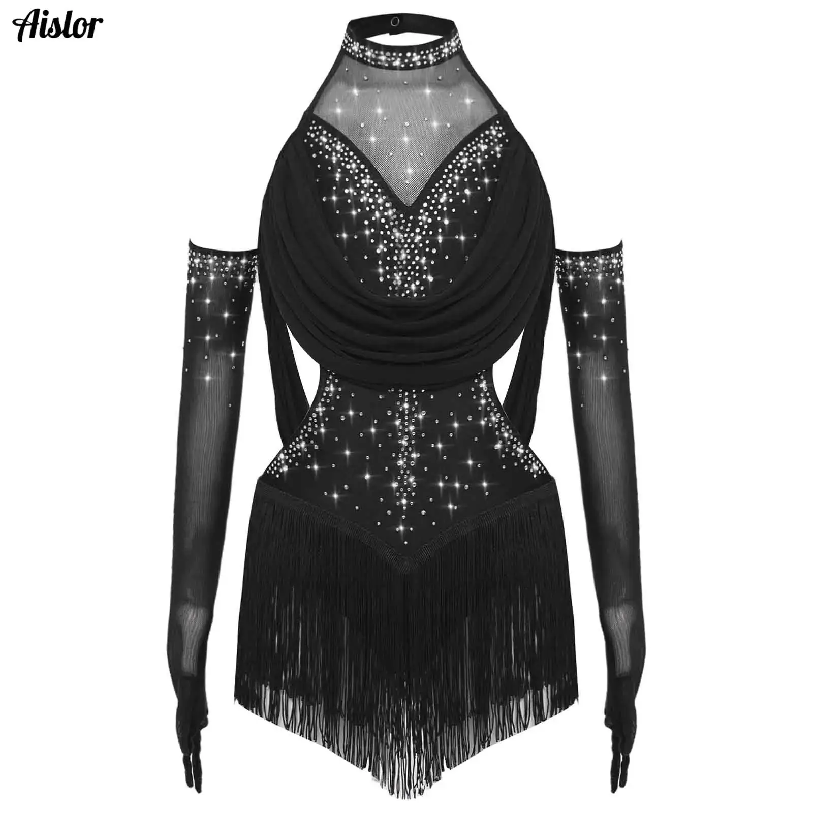 

Kids Girls Latin Dance Leotard Glittery Rhinestones Ruched Mesh Cutout Tassel Skirted Bodysuit+Mesh Gloves Suit Jazz Dance Dress