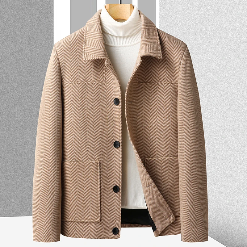 

For autumn and winter, men's lapel woolen herringbone pattern high-end men's men's thickened woolen short jacket