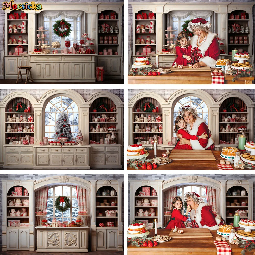 

Christmas Kitchen Retro White Wall Photography Background Cupboard Dessert Table Window Decoration Studio Backdrop Photobooth