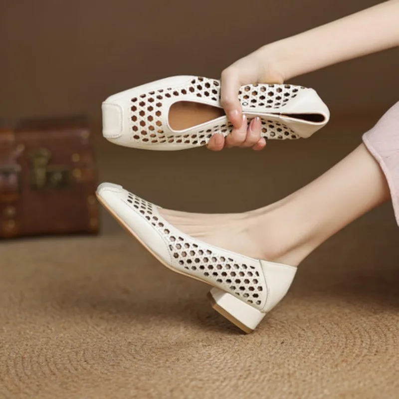 

2025 Summer Spring Low Heels Loafers Women Hollow Out Square Toe Slip on Breathable Shoes Ladies Pumps Black Beige Gray
