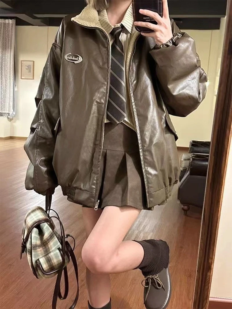 Reversible Brown Women Pu Jacket Sherpa Lined Coat Zip Up Fleece Oversized Retro Moto Streetwear Y2K Winter Outerwear Top