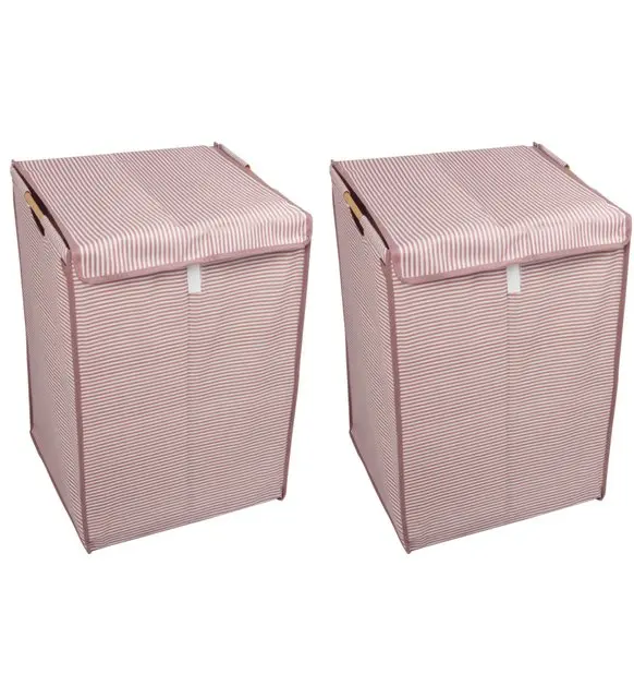 2 pcs-Cover Dirt resistant Laundry Basket-Wood Handle, Foldable 40x40x60-Striped Model-Color Seçenekli