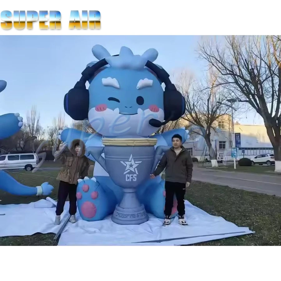 Gran oferta, bonito modelo de dibujos animados azul, mascota inflable con una taza de café para decoración de cafetería