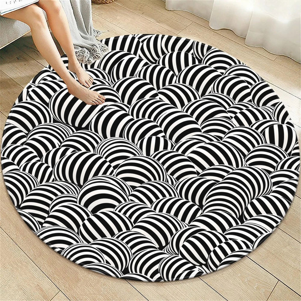 Minimalist Vertical Stripe Circular Area Rug  Black White Contrast Print Anti Slip Round Doormat Contemporary Indoor Chair Rug