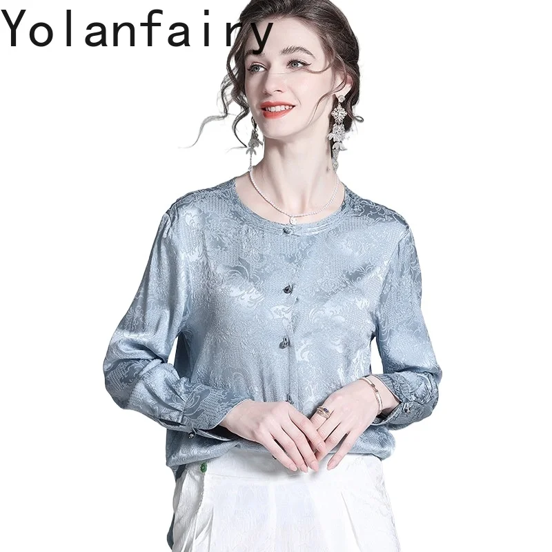 

YOLANFAIRY Real Silk Jacquard Blouse for Woman High Quality 50%Mulberry Silk Shirts Female O-neck Elegant Shirt Casual Women Top