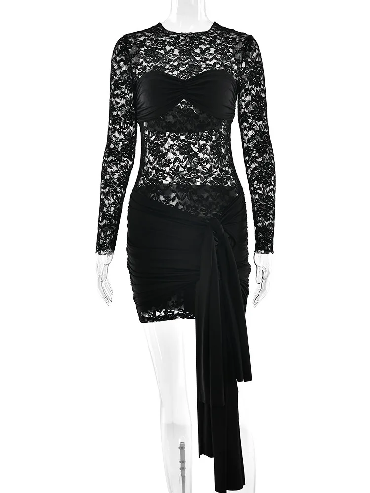 Articat sexy renda retalhos fita dupla camada vestido feminino elegante manga comprida ver através da saia apertada festa vestido de noite