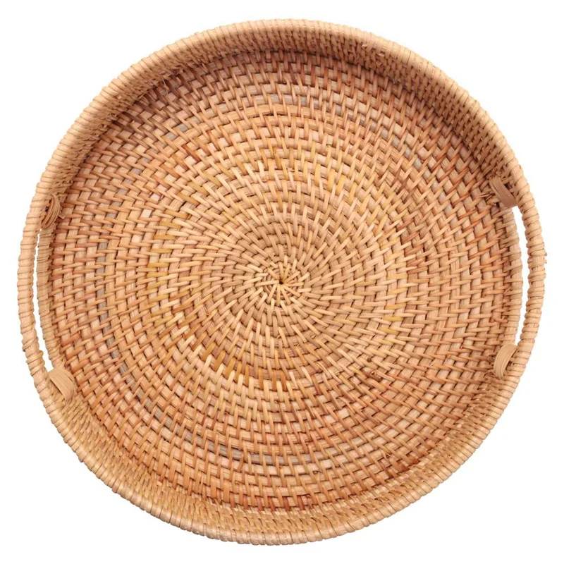 

3X Round Rattan Woven Serving Tray With Handles Ottoman Tray For Breakfast, Drinks, Snack For Coffee Table Decorative