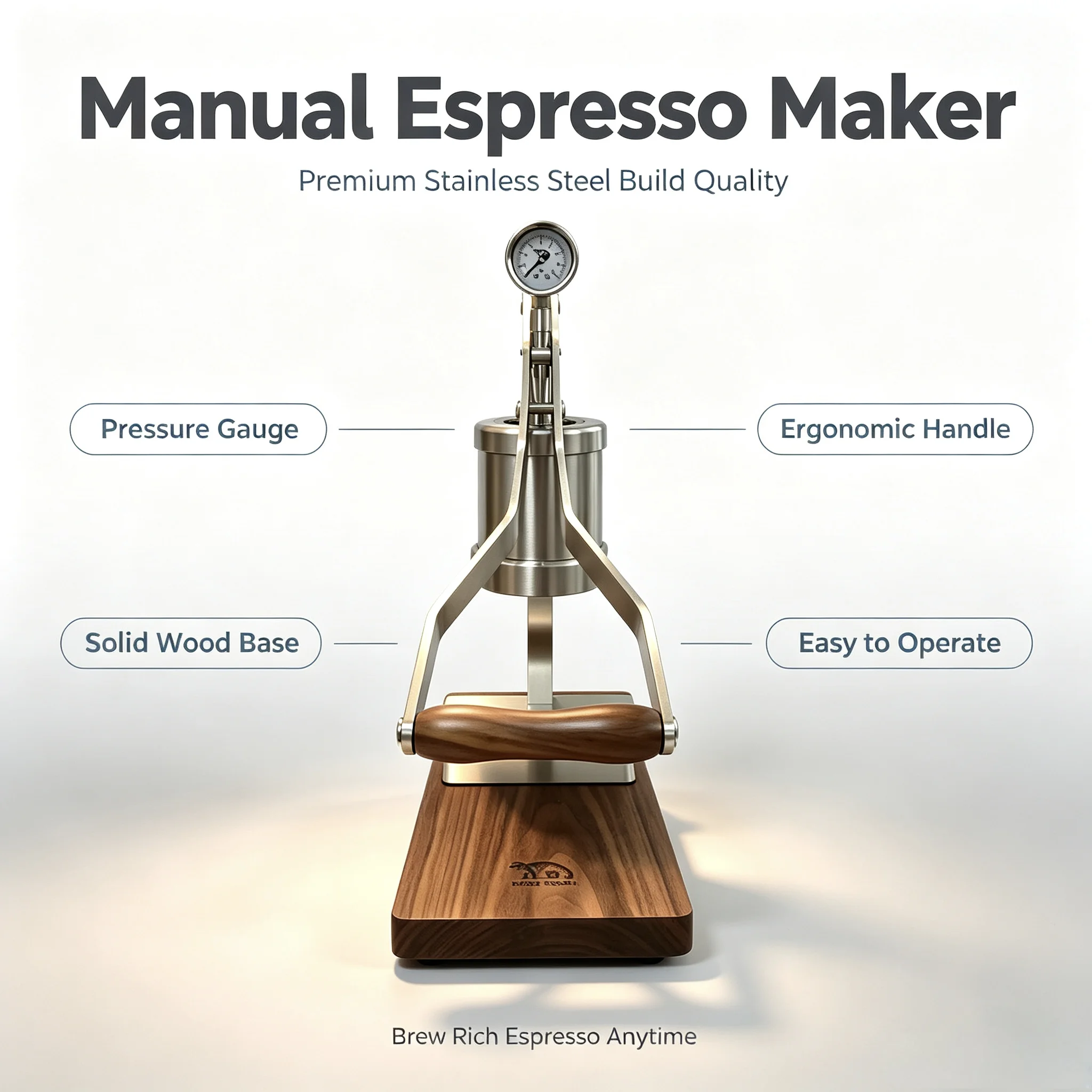 ALMKOPi New Second Generation Classic Wood Base Semi Automatic Manual Control Stainless Steel Body Espresso Machine