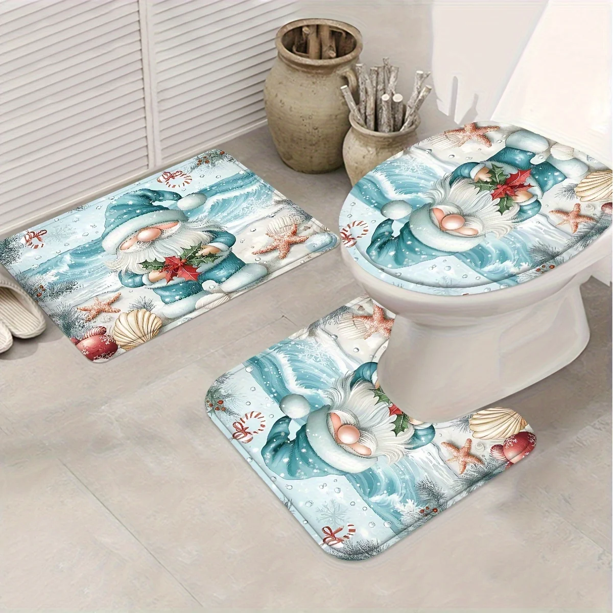 4Pcs Xmas Beach Shell Gnome Bath Set, Shower Curtain, 12 Hooks, Non-Slip Mat, U-Shaped Toilet Cover, Perfect Christmas Gift
