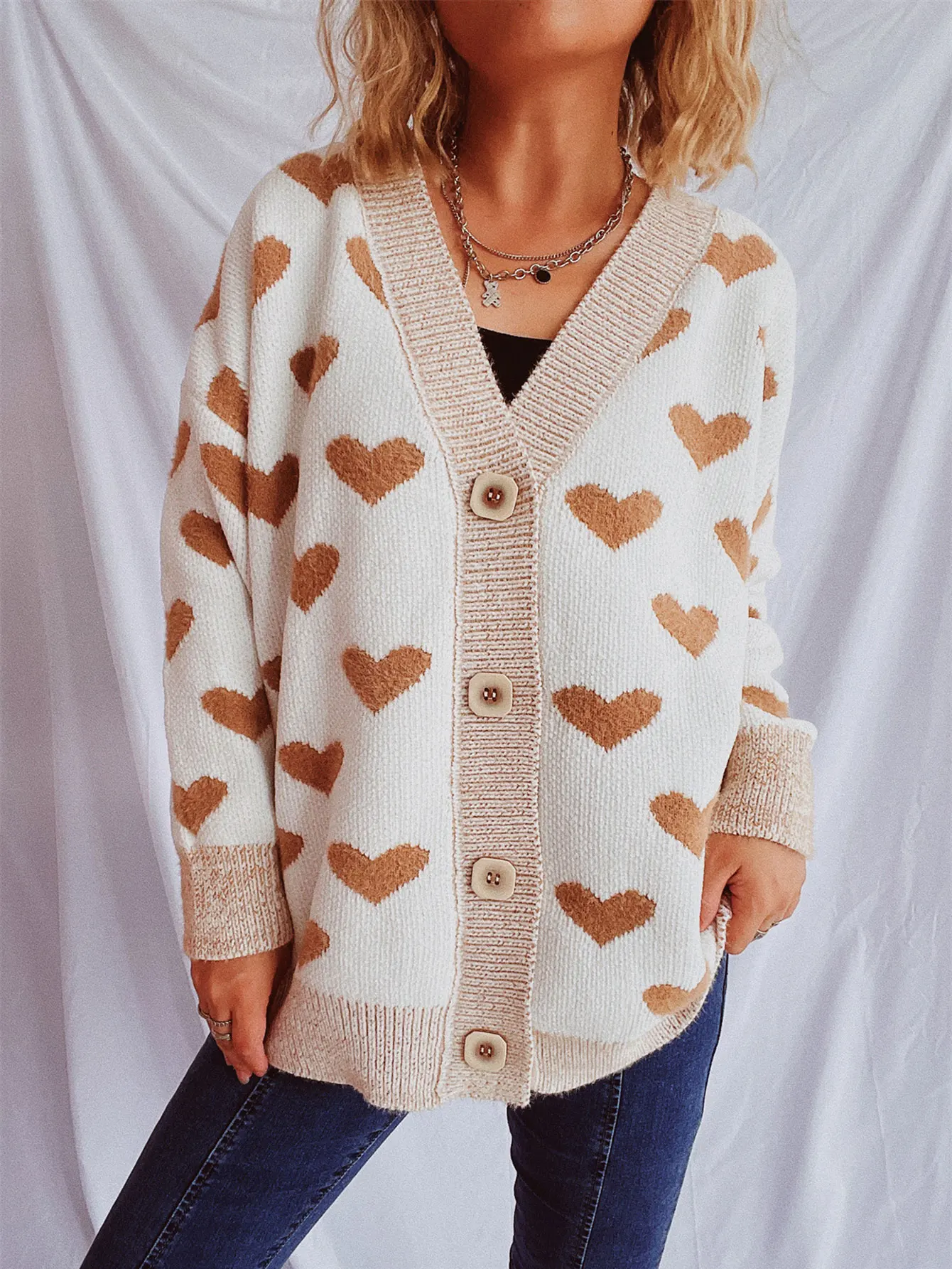 

Women's Heart Print Cardigan Long Sleeve V-Neck Button Front Chic Autumn Winter Daily Casual Chic Outerwear