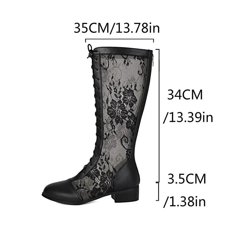 ASILETO Brand Female Knee High Boots Round Toe Breathable Mesh 3.5cm Block Heels Lace Flower Oversize 46 47 48 Bota Autumn
