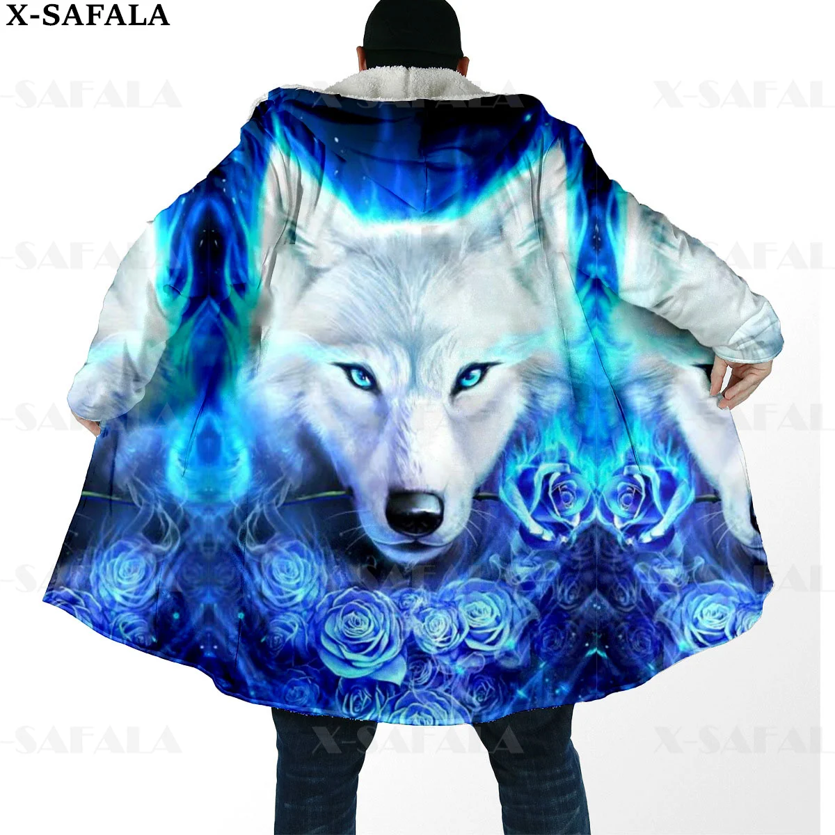 Galaxy Wolf/Ice And Fire Wolf Printed Thick Warm Hooded Cloak Men Overcoat Coat Windproof Fleece Cape Robe Hooded Blanket-7