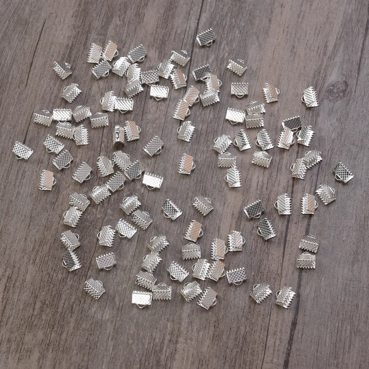 100Pcs 8Mm Textured Crimp End Clamps Silver Plated Ribbon Fasteners for Lace Flat Cords Bookmarks Arts Crafts DIY