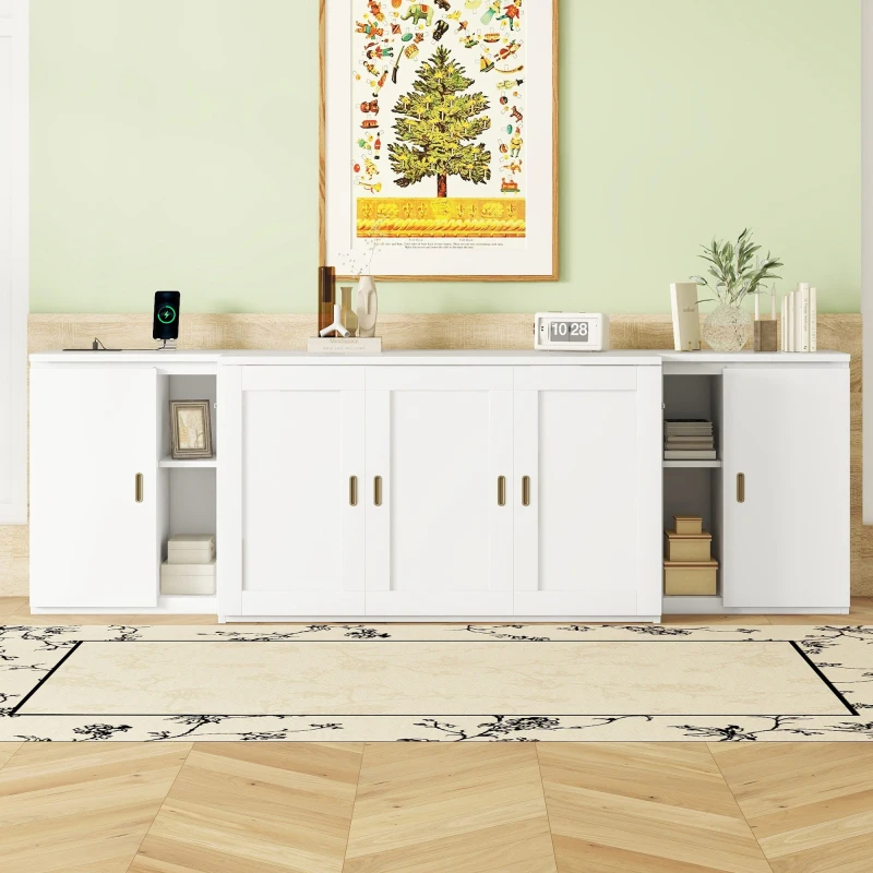 Modern style Full Size Murphy Bed with Shelves,Cabinets and USB Ports,There is sufficient storage space,White.