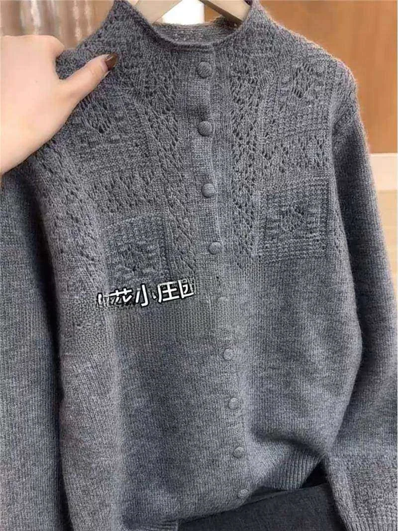 

Grey Open Cardigan Women's Loose Long Sleeve Knitted Sweater Heavy Embroidery Slimming Versatile Anti-Aging Winter Fashion