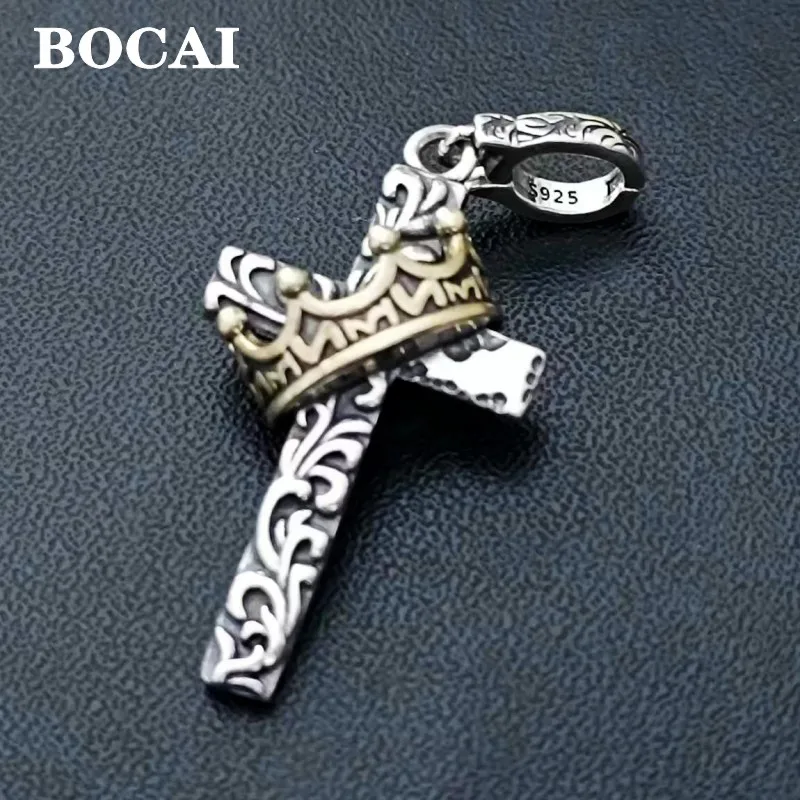 BOCAI new S925 Silver Fashion Tang Grass Pattern Design Crown Cross Pendant for Men and Women Hip Hop Contrast Color Jewelry