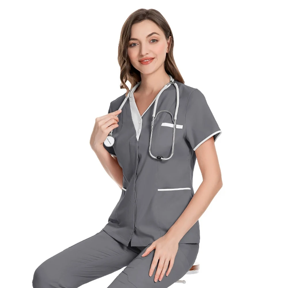 Camicia per chirurgia Scrub Uniforme medica Uniforme da infermiera Manica corta Colletto rialzato Abbigliamento da medico Camicetta per scrub medico tinta unita