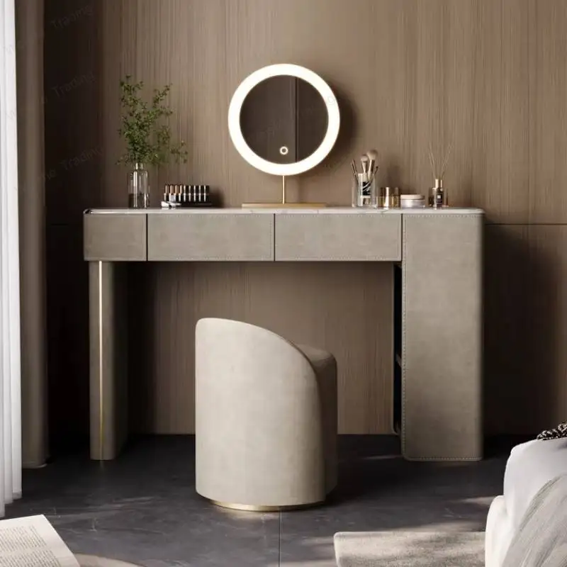 

Minimalist Light Gray Makeup Table Natural Velvet Wood Mirror Dressing Table Storage Modern Coiffeuse Chambre Furniture For Home
