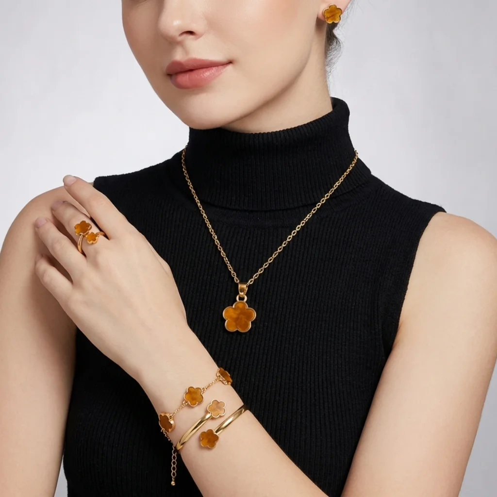 5 Pcs/Set Sweet Flower Pendant Necklace Earrings for Women Enamel Plum Blossom Open Cuff Bangle Bracelet Ring Jewelry Set Gift