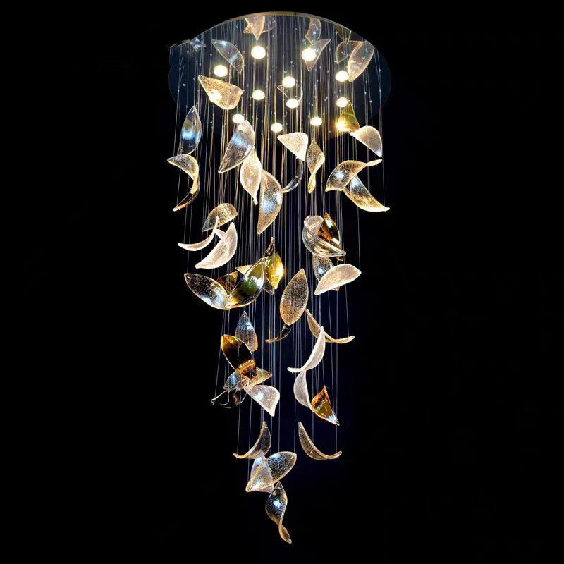 

Nordic Style Large High Ceiling Leaf Glass Chandelier Lamp with Hanging Luminaire for Villa Duplex Dining Room and Staircase Int