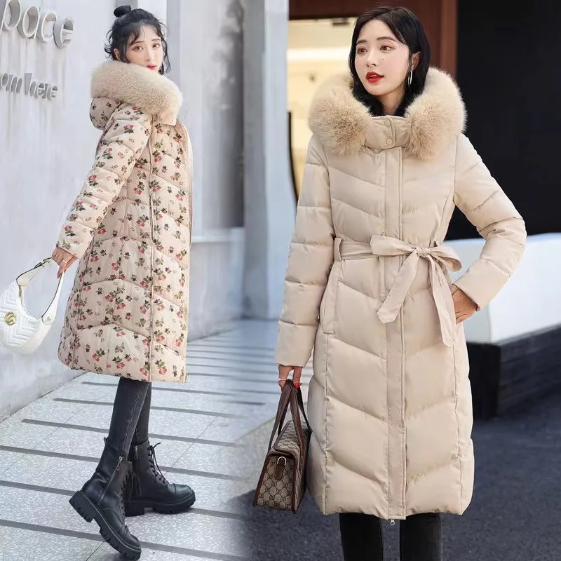 Double Side Down Cotton Jacket Fur Collar Hooded Parka Women Quilted Jacket Lady Coat Windproof Long Print Snow Outwear -30° C