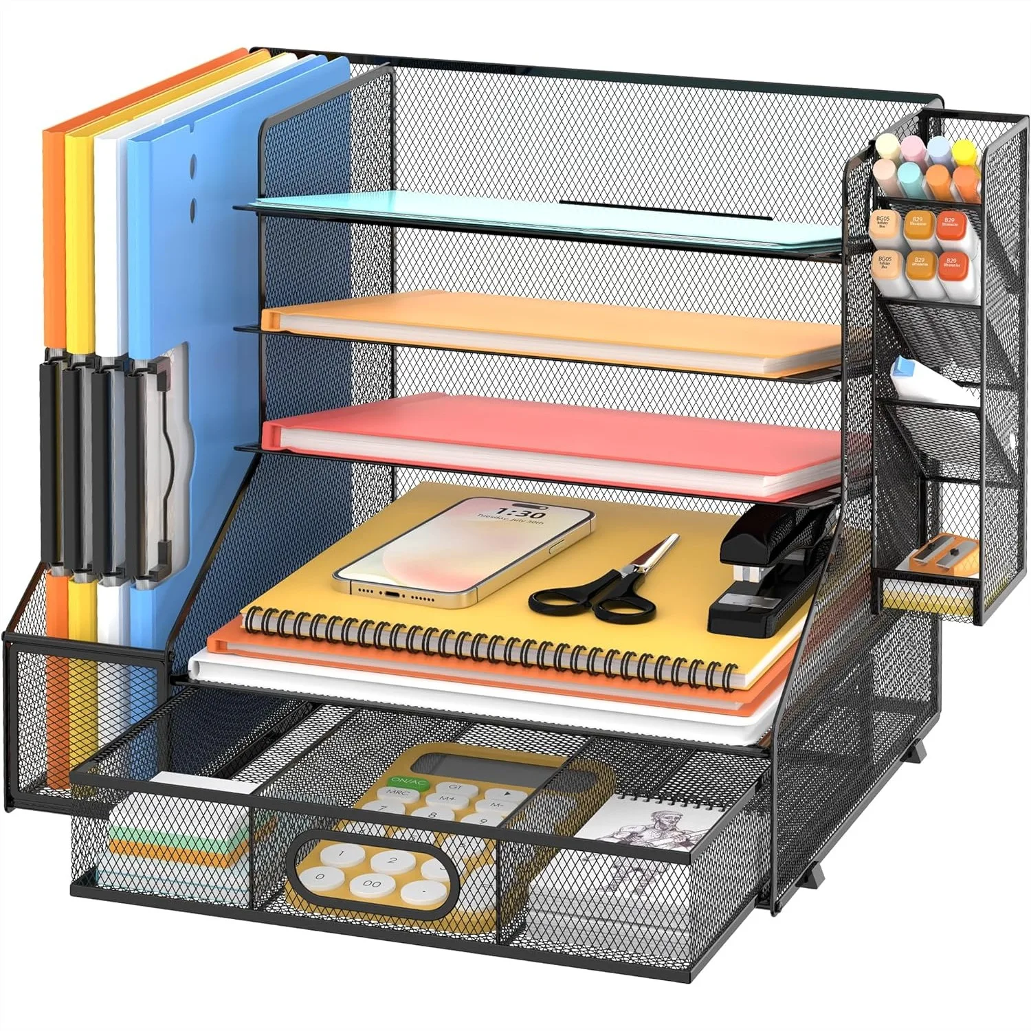 

Mesh Desk Organizer, 5-Tier Paper Letter Tray with File Holder & Pen Holder & Sliding Drawer, Desktop Storage for Office