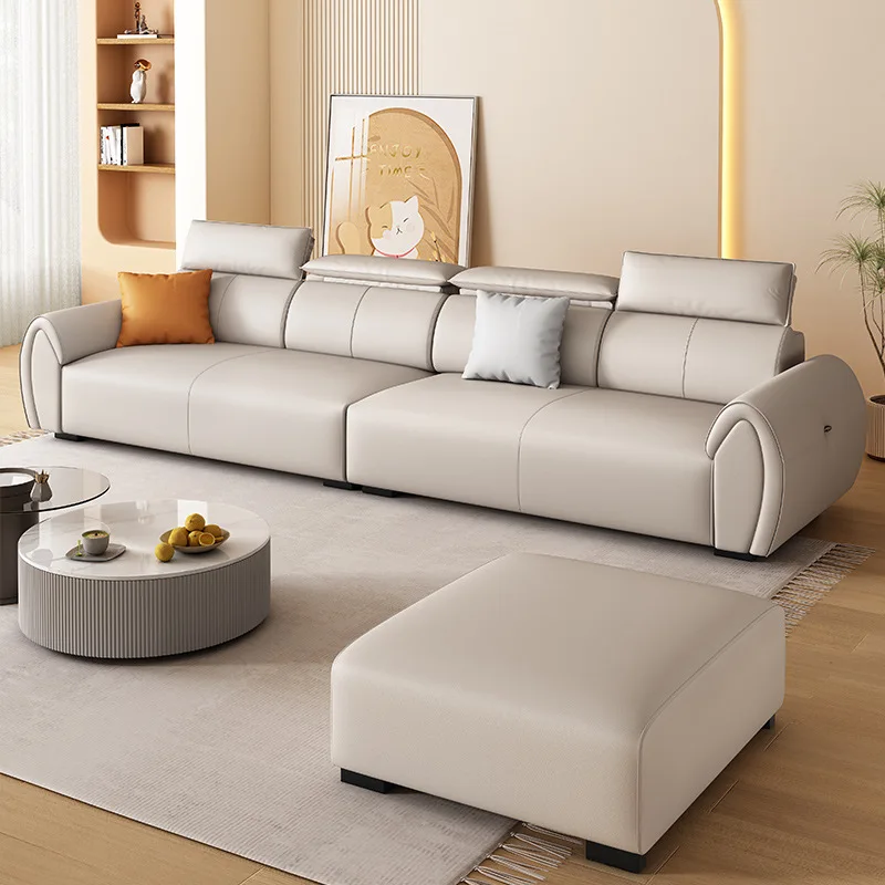Leather sofa small apartment straight row four people home floor living room combination sofa