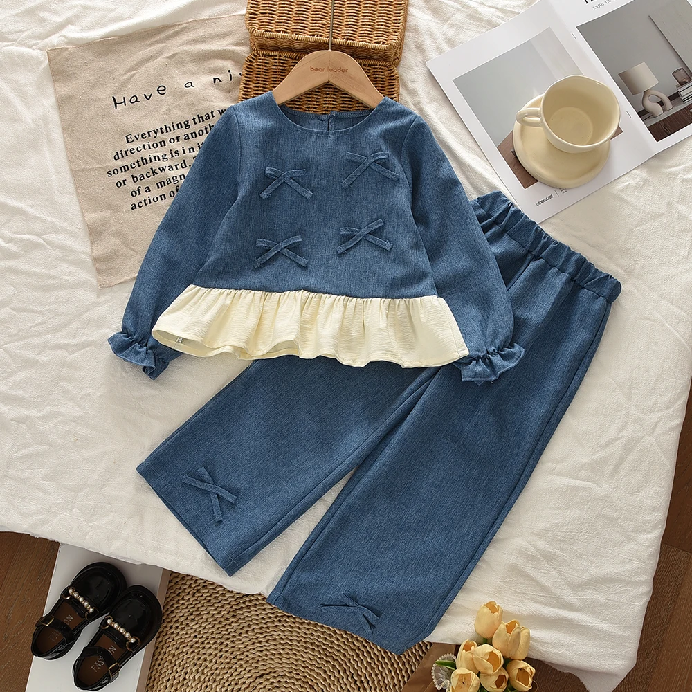 Bear Leader 3-7 Years Old Autumn Korean Version Girls' Clothes Splicing Blue Bow Long Sleeved Top + Casual Pants Children's Sets