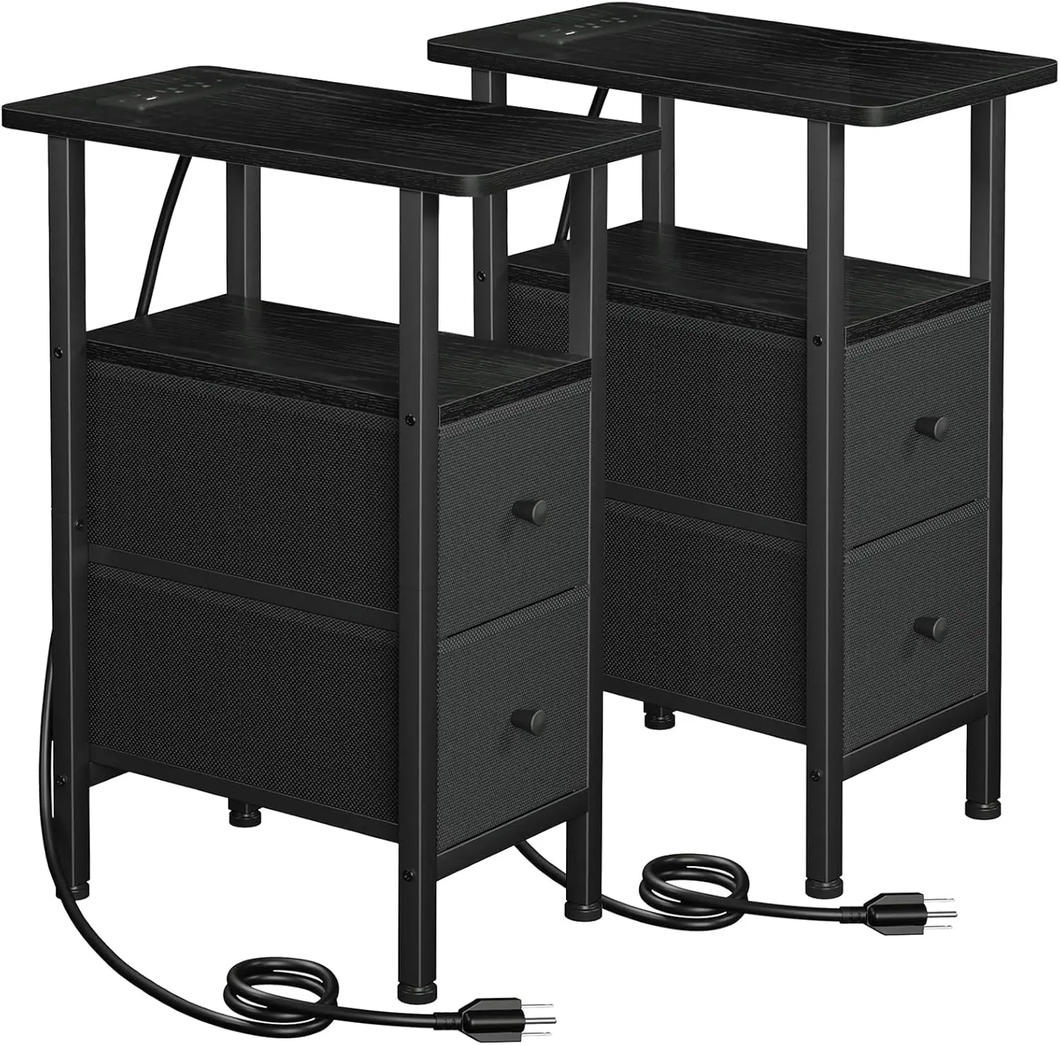 

Narrow Nightstand with Charging Station, End Tables Living Room Set of 2, Skinny Side Table with Fabric Drawers, Slim Sofa Ta
