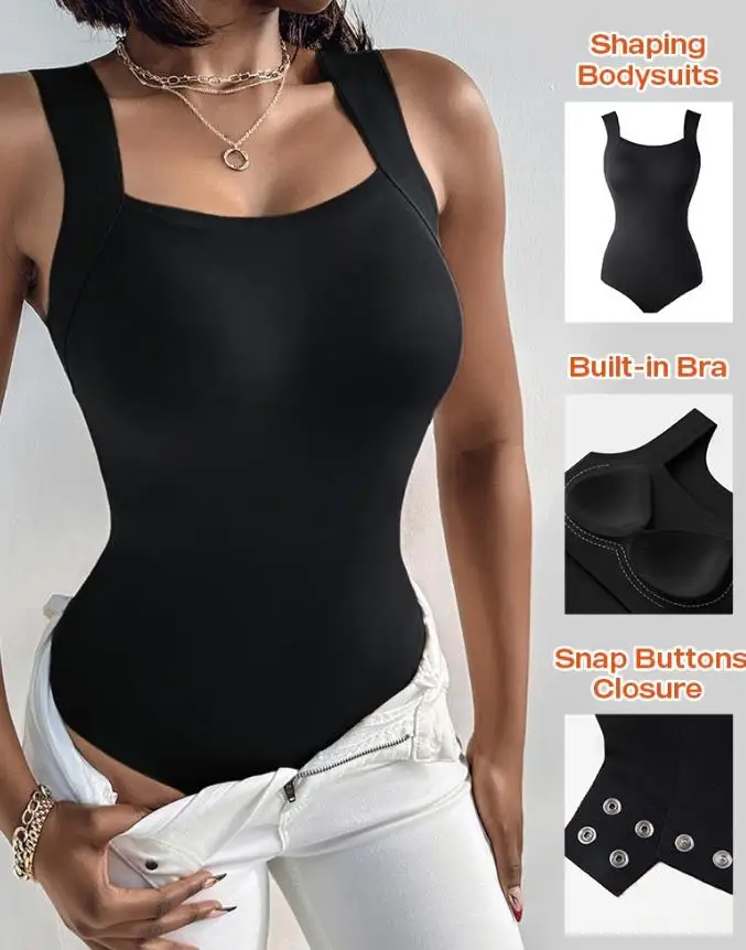 2-piece U-neck design with built-in bra, sleeveless high stretch slim fit vest, three part pants, solid color jumpsuit for women