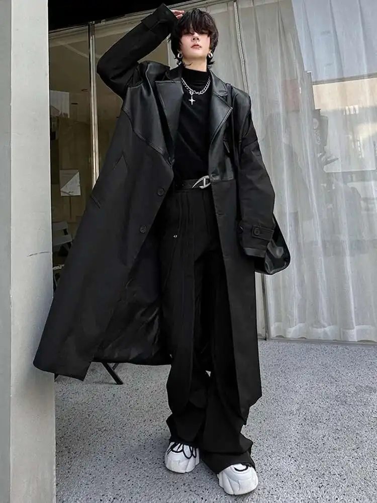 LUZHEN Korean Leather Splicing Long Trench Coat Men’s Trendy Loose Knee Length Stylish Outwear Male 2024 Autumn Winter LZ5199 5 LUZHEN Korean Leather Splicing Long Trench Coat Men's Trendy Loose Knee Length Stylish Outwear Male 2024 Autumn Winter LZ5199 5