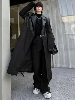 LUZHEN Korean Leather Spliced Long Trench Coat 5 LUZHEN Korean Leather Splicing Long Trench Coat Men's Trendy Loose Knee Length Stylish Outwear Male 2024 Autumn Winter LZ5199 5