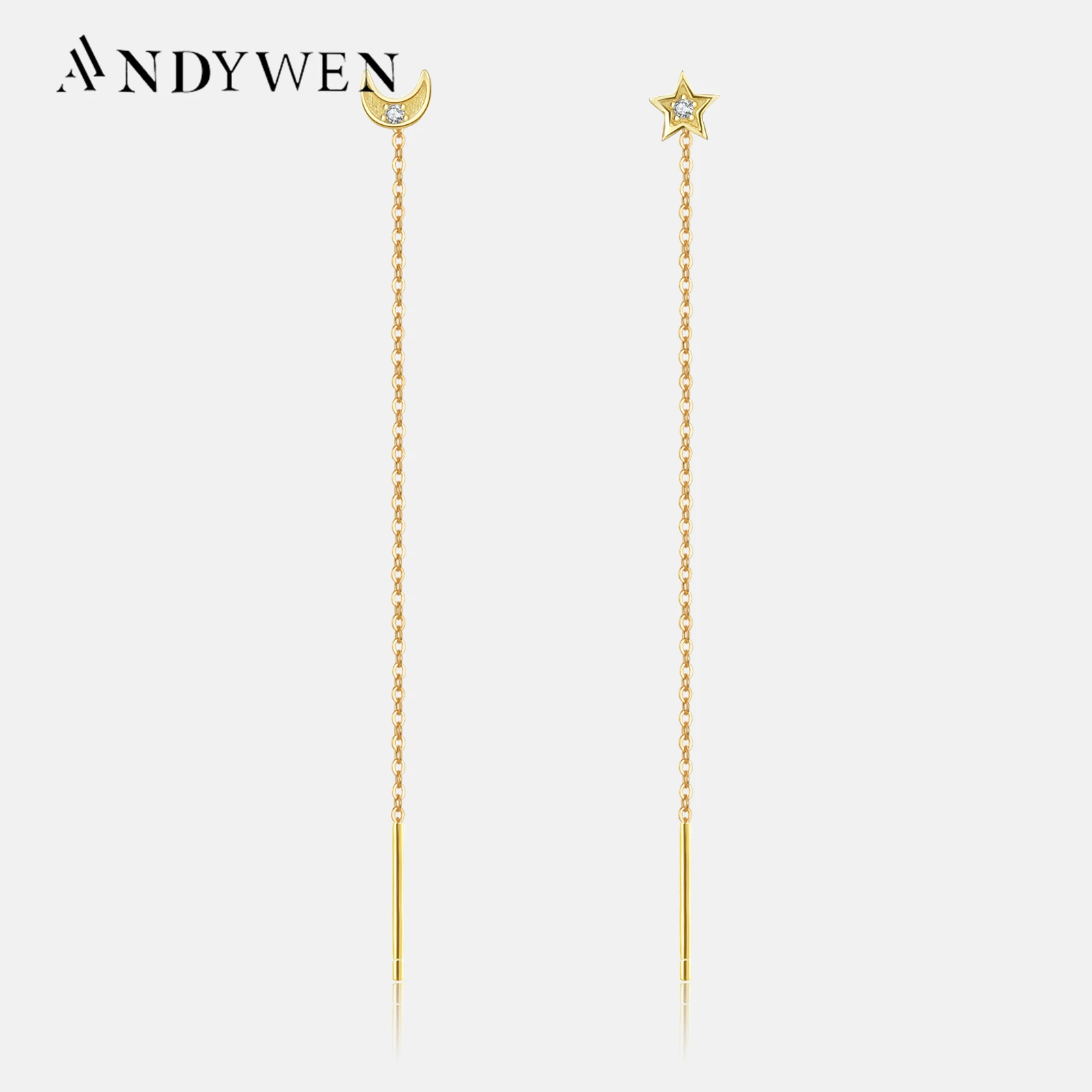 ANDYWEN 925 Sterling Silver Gold Moon Star Charm Drop Earring Chain Women Wedding Luxury Fine Jewelry Clips Pendientes