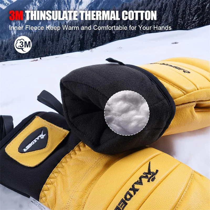 MAXDEER Ski Gloves Leather Snowboard Mittens Men Women Skiing Snowmobile Snow Sports Winter Thermal Gloves Waterproof Windproof