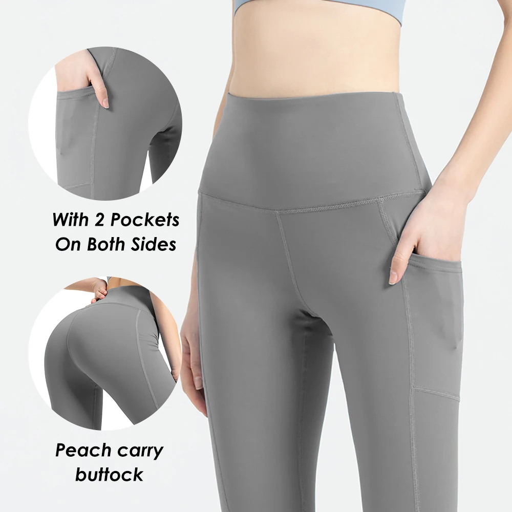 OHYOGA Women Fitness Gym Leggings Yoga Pants Solid Color Sports Clothes Stretchy High Waist Push UP Heart Shape Line Mesh Pocket