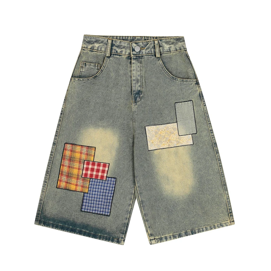 

Vintage Plaid Patch Denim Shorts Mens Streetwear Hip Hop Punk Jeans Short Men Harajuku Baggy Cowboy Calf Length Pants Male