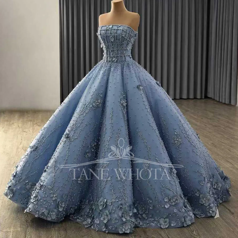 فستان سهرة أزرق بدون حمالات بدون أكمام مع زينة مطرزة بالخرز برباط من الخلف فستان حفلات فاخر قابل للتخصيص