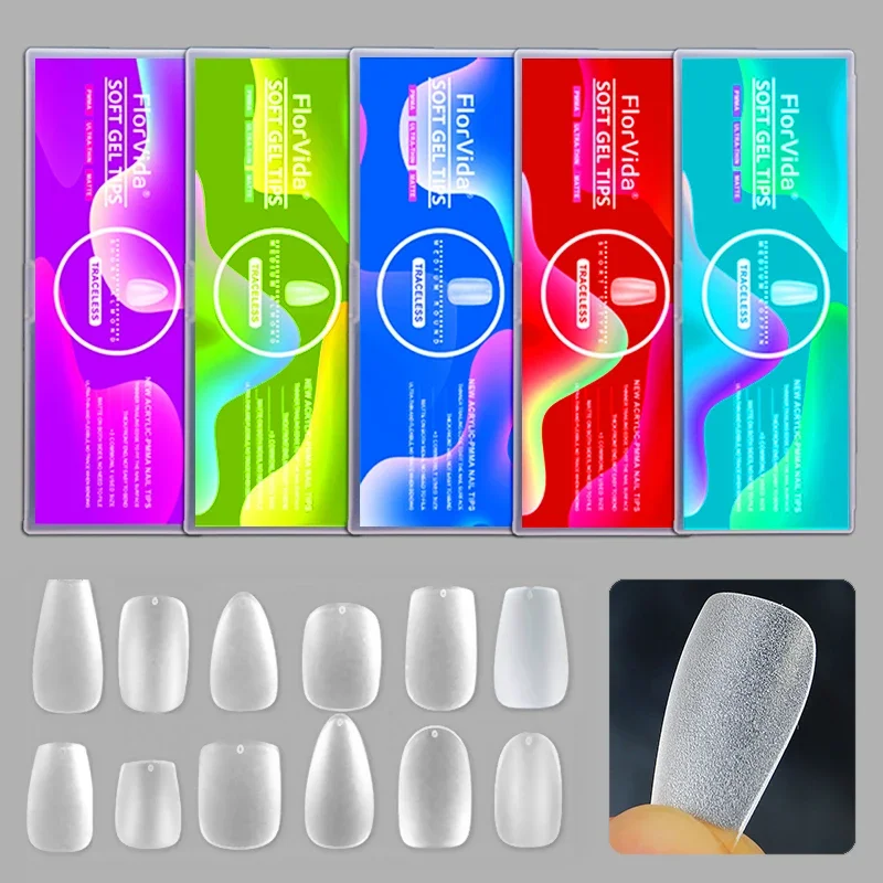 Traceless 240pcs False Nail Extension Matte Full Half Cover 2 In 1 Medium Short Coffin Square Stiletto Oval Soft Gel Fake Tips