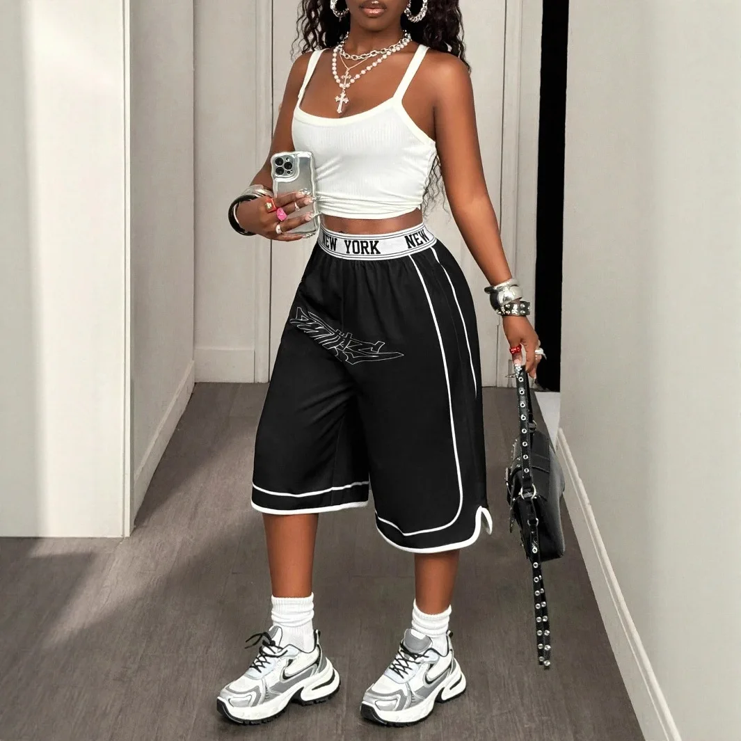 Fitness Dames Korte Joggingbroek Hoge Taille Letter Bedrukte Broek 2025, Zomer Nieuwe Populaire Streetwear Sportieve Workout Shorts