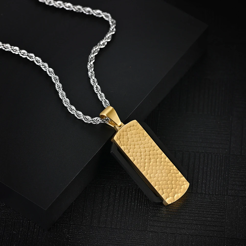 Men's Fashion Stainless Steel Hammer Pattern Gold Black Dual Color Electroplated Water Ripple Pendant Necklace