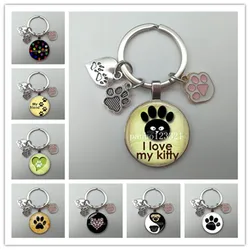 New Cute Cartoon Keychain Pet Footprint Pendant Round Glass Animal Dog Cat Paw Pattern Key Ring Jewelry Fashion Charm Gift Women